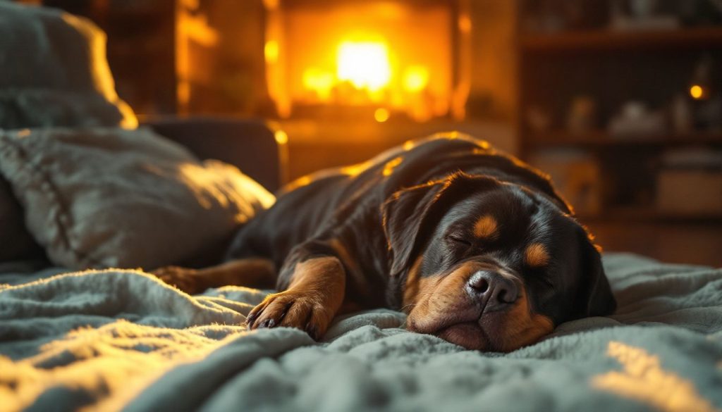 idős rottweiler kutya fekszik a tűz előtt